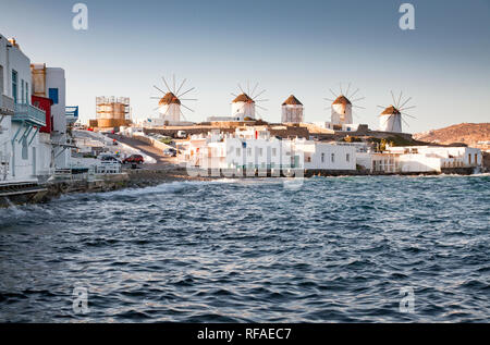 famous view  Traditional windmills on the island Mykonos, Greece Stock Photo