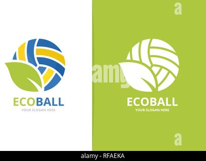 Vector volleyball and leaf logo combination. Play and eco symbol or icon. Unique ball and organic logotype design template. Stock Vector
