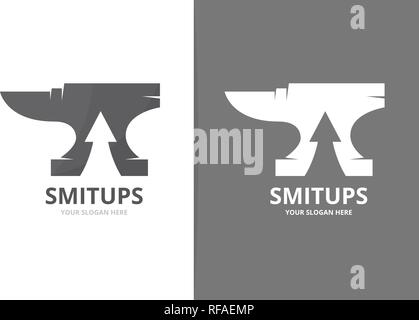 Vector smith and arrow up logo combination. Blacksmith and growth symbol or icon. Unique metal and upload logotype design template. Stock Vector