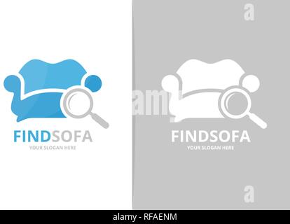 Vector sofa and loupe logo combination. Couch and magnifying symbol or icon. Unique armchair and search logotype design template. Stock Vector