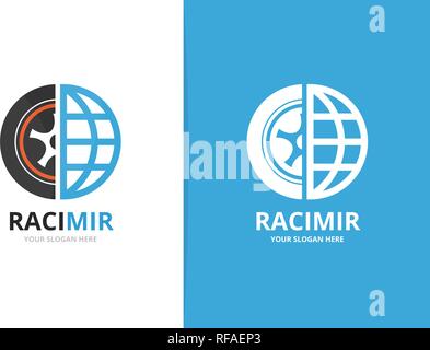 Vector wheel and planet logo combination. Tire and world symbol or icon. Unique tyre and globe logotype design template. Stock Vector