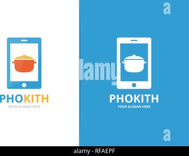 Vector pot and phone logo combination. Kitchen and mobile symbol or icon. Unique pan and device logotype design template. Stock Vector