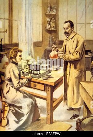 PIERRE CURIE ( 1859 - 1906 ). MARIE CURIE ( 1867 - 1934 ). CIENTIFICOS FRANCESES DE ORIGEN POLACO. GRABADO COLOREADO EN SU ESTUDIO. Stock Photo