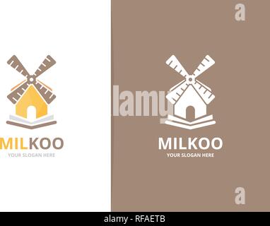 Vector mill and open book logo combination. Farm and bookstore symbol or icon. Unique windmill and library logotype design template. Stock Vector