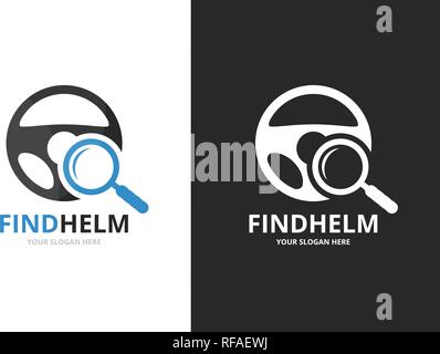 Vector car helm and loupe logo combination. Steering wheel and magnifying symbol or icon. Unique rudder and search logotype design template. Stock Vector