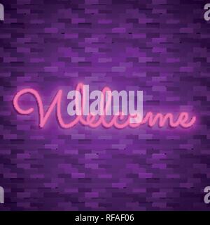 Neon light lettering, Stock vector. Welcome lettering Stock Vector