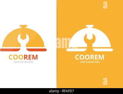 Vector dish and repair logo combination. Plate and fix symbol or icon. Unique kitchen and service logotype design template. Stock Vector