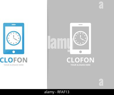 Vector clock and phone logo combination. Time and mobile symbol or icon. Unique express and device logotype design template. Stock Vector