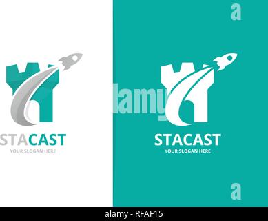 Vector castle and rocket logo combination. Tower and airplane symbol or icon. Unique fortress and flight logotype design template. Stock Vector