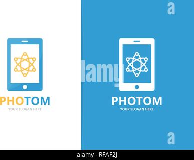 Vector atom and phone logo combination. Molecule and mobile symbol or icon. Unique science and device logotype design template. Stock Vector
