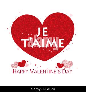 ''i love you'' text in french. Red shining sparkle heart. Happy Valentine's day greeting card Stock Vector
