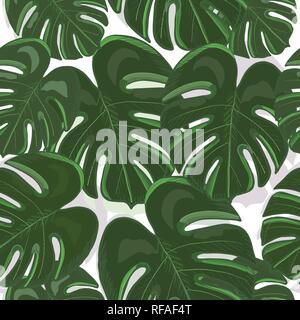 Tropical colorful monstera leaves background. Hand drawn tropic leaf repeated pattern Stock Vector