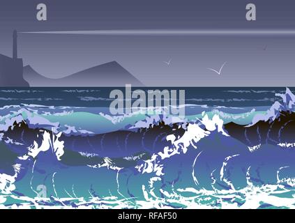 illustration with sea storm and lighthouse. Sea waves and stormy sky 10 eps Stock Vector