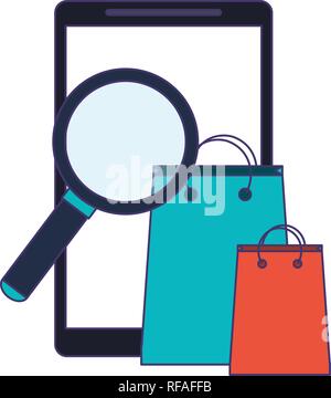 smartphone with magnifying glass and shopping bags blue lines Stock Vector