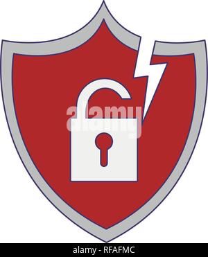 Shield with padlock on badge blue lines Stock Vector