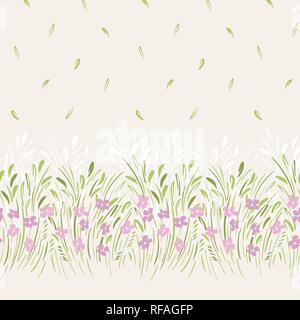 Feminine abstract gestural ditsy floral vector seamless horizontal border and pattern. Simplistic small scale hand drawn pastel blooms background. Min Stock Vector