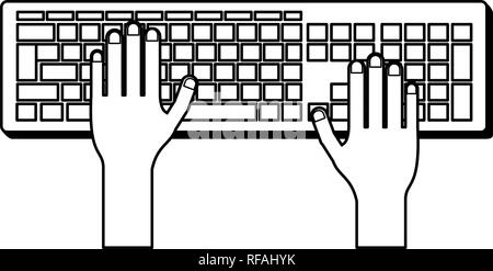 hands using computer keyboard in black and white Stock Vector