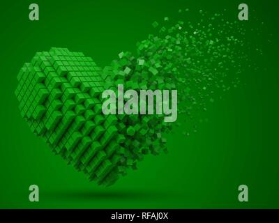 heart shaped, dissolving data block. made with green cubes. 3d pixel style vector illustration. Stock Vector