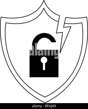 Shield with padlock on badge in black and white Stock Vector