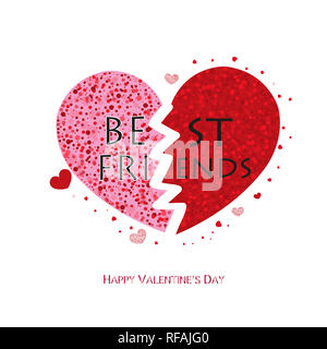 Best friends. Shiny sparkle red split hearts. Valentine's day greeting card Stock Photo