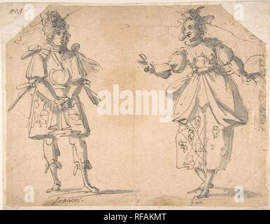 Drawings for Two Masquerade or Ballet Costumes ('Sospiri' and 'Baci'). Artist: Giovanni Battista Paggi (Italian, Genoa 1554-1627 Genoa). Dimensions: sheet: 8 3/4 x 11 1/4 in. (22.2 x 28.6 cm). Date: 1554-1627.  Drawings for two masquerade or ballet costumes, one for a male character, possibly named 'Sospiri' (sighing), and the other for a female character, possibly named 'Baci' (kisses). The male character, on the left, wears a typical 16th century costume, made up of a coat, tight-fitting breeches, stockings, and flat shoes. The female character, on the right, wears calf-length dress with dra Stock Photo
