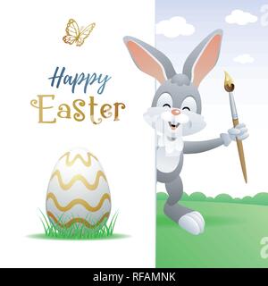 Happy Easter greeting card. Funny rabbit artist with Easter egg and paint brush. Vector illustration. Stock Vector