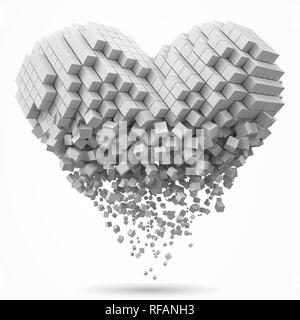 heart shaped, dissolving data block. made with cubes. 3d pixel style vector illustration. Stock Vector