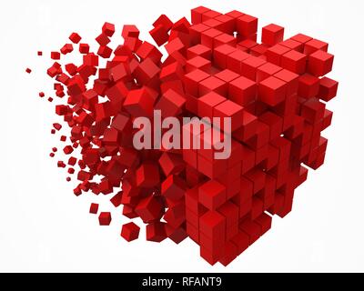 dissolving data block. made with smaller red cubes. 3d pixel style vector illustration. Stock Vector