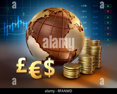 Currencies symbols and coins around an Earht globe. 3D illustration.