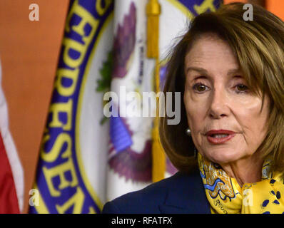 Washington, District of Columbia, USA. 24th Jan, 2019. Speaker of the United States House of Representatives NANCY PELOSI (Democrat of California) conducts her weekly press conference in the US Capito. The Speaker took questions on the partial government shutdown. Credit: Ron Sachs/CNP/ZUMA Wire/Alamy Live News Stock Photo