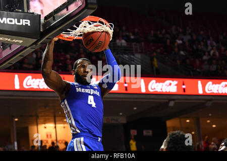 Philadelphia, Pennsylvania, USA. 24th Jan, 2019. Memphis Tigers guard RAYNERE THORNTON (4) finishes a dunk during the American Athletic Conference basketball game played at the Liacouras Center in Philadelphia. Temple held on to beat Memphis 85-76. Credit: Ken Inness/ZUMA Wire/Alamy Live News Stock Photo