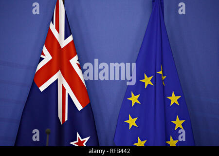 European union flag and flag of  New Zealand in the European Council building in Brussels, Belgium on Jan. 25, 2019 Stock Photo