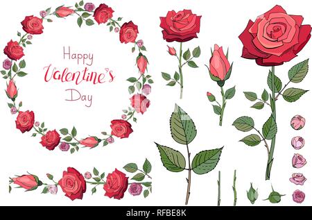 Red rose wreath. Floral garland. Happy Valentine's day.Lettering. Endless horizontal brush.Set of floral elements. Roses. EPS 10 file Stock Vector
