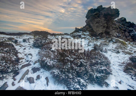 Snowfall on Stiperstones in Shropshire, UK during the snow of January 2019.  Looking at the natural Ice Age rock formation overlooking the county Stock Photo