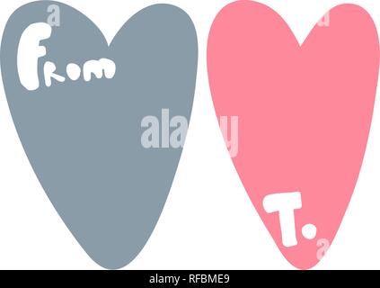 Happy Valentines Day Typographic postcard. Instagram format. Lettering word From To. Doodle style. Gray and pink Heart. Vector Illustration of a Valentine s Day. Isolated image on white Background. Stock Vector