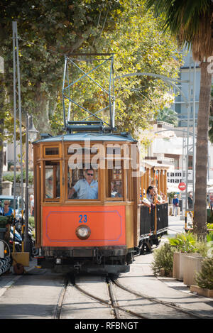 PORT DE SOLLER, SPAIN - OCT 6 2018: Famous retro tram for tourists going from Soller to Port de Soller, Spain Stock Photo