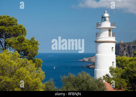 Cap Gros lighthouse on hill in Port Soller, Mallorca Island, Spain Stock Photo