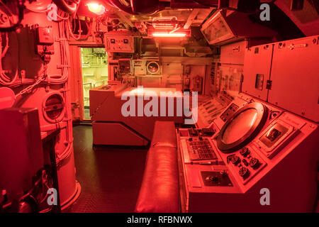 Combat station in the nuclear submarine Redoutable of French navy at the maritime museum Cite de la Mer in Cherbourg, France. Stock Photo