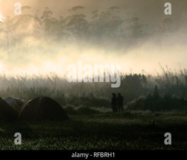 Silhouette of Couple Standing Outside The Tent On Camping Ground Waiting for Sunrise At Foggy Morning with Blur Forest In Background Stock Photo