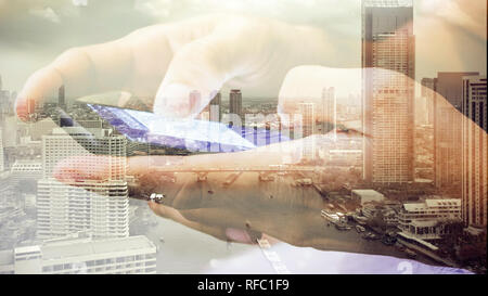 Double exposure of using smart phone Stock Photo