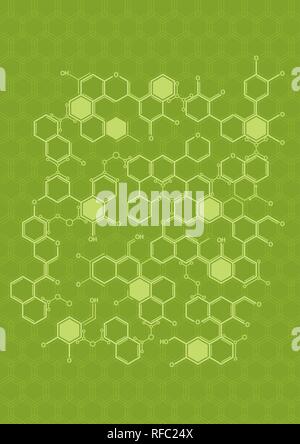 Texture of white lines forming hexagons as molecules on green background. A4 size. Vector image Stock Vector