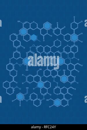 Texture of white lines forming hexagons as molecules on blue background. A4 size. Vector image Stock Vector