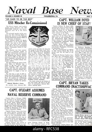 Front cover of Volume 3, number 48, of the 'Naval Base News,' a military news leaflet, with articles focusing on the recommissioning of the USS Mitscher, Captain William W Boyd, Captain John J O'Leary, and Captain George R Bryan Jr, printed in Philadelphia, Pennsylvania, during the Vietnam War, July 12, 1968. () Stock Photo