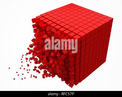 dissolving data block. made with smaller red cubes. 3d pixel style vector illustration. Stock Vector