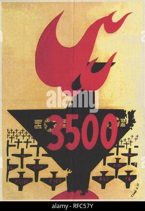 North Vietnamese propaganda poster, with a graphic design depicting the silhouette of a large, central airplane (with USAF markings) crashing downwards with its tail on fire, with the silhouettes of smaller airplanes (those in the foreground labeled by type, those in the background depicted as crosses) crashing down, and with the text '3500' written across the central plane, likely celebrating the number of US planes shot down by the Vietnamese military, published during the Vietnam War, April, 1972. () Stock Photo