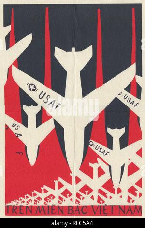 North Vietnamese propaganda poster, with a graphic design depicting airplanes with United States Air Force (USAF) markings, silhouetted against dark bombs, both crashing downwards, with the text 'Tren Mien Bac Vietnam' written on the wings of the airplanes in the foreground, published during the Vietnam War, 1972. () Stock Photo