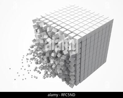 dissolving data block. made with smaller white cubes. 3d pixel style vector illustration. Stock Vector