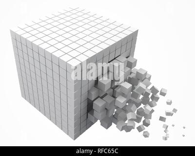 dissolving data block. made with smaller white cubes. 3d pixel style vector illustration. Stock Vector
