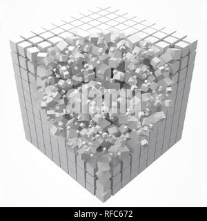 dissolving data block. made with smaller white cubes. 3d pixel style vector illustration. Stock Vector