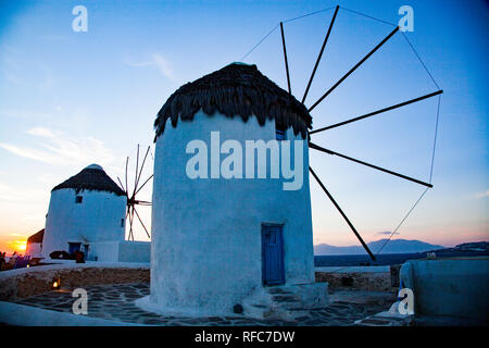 famous view  Traditional windmills on the island Mykonos, Greece Stock Photo